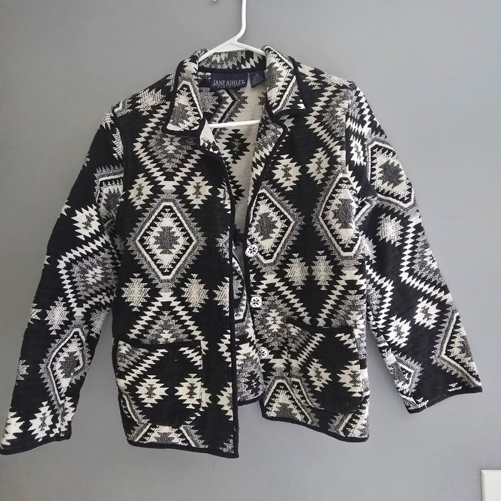 Jane Ashley Black White Southwestern Tapestry Jacket Boho Western Rodeo Medium
